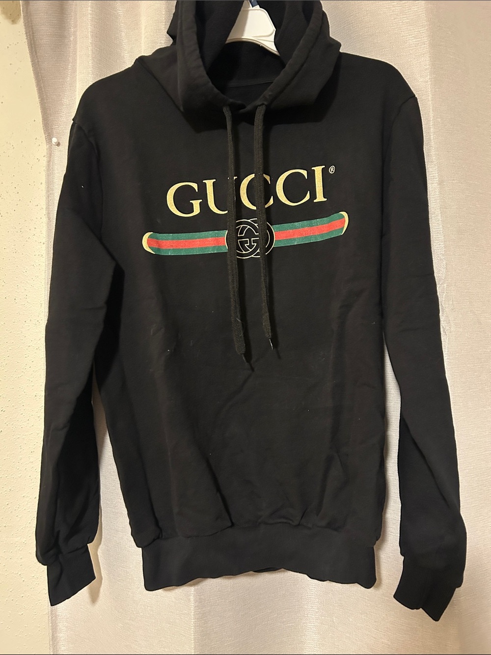 Gucci Black Hoodie with Gold Logo and Green-Red Stripe